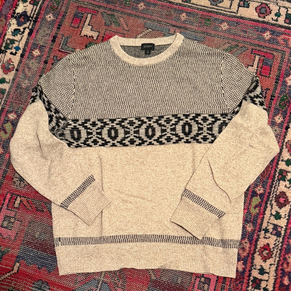 J. Crew Tan and Black Geometric Pattern Merino Crewneck Sweater